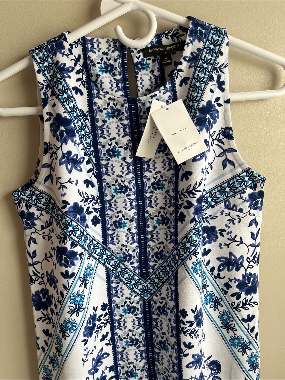 Banana Republic White Sleeveless Mini Dress with Navy & Teal Floral Print